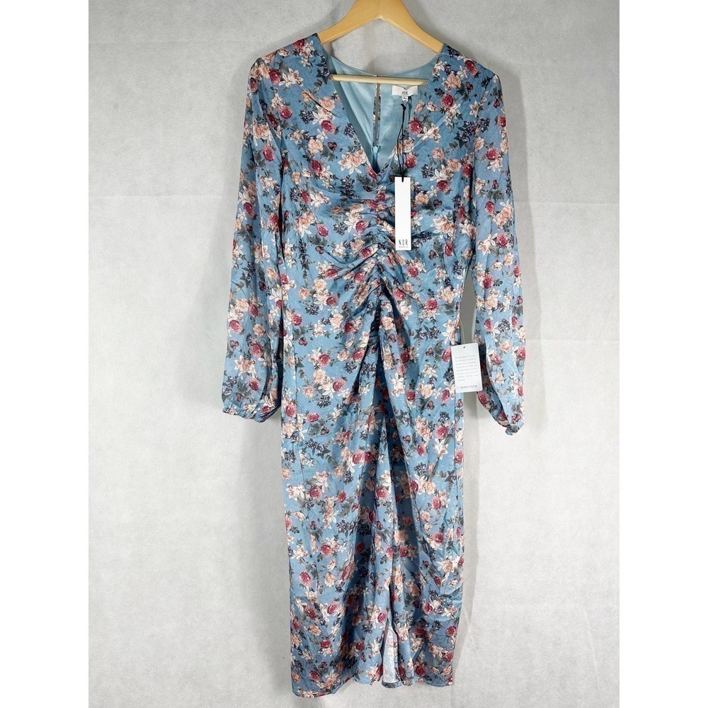 NSR Heidi Rouched Slit Front Floral Sky Midi Dress Size Large